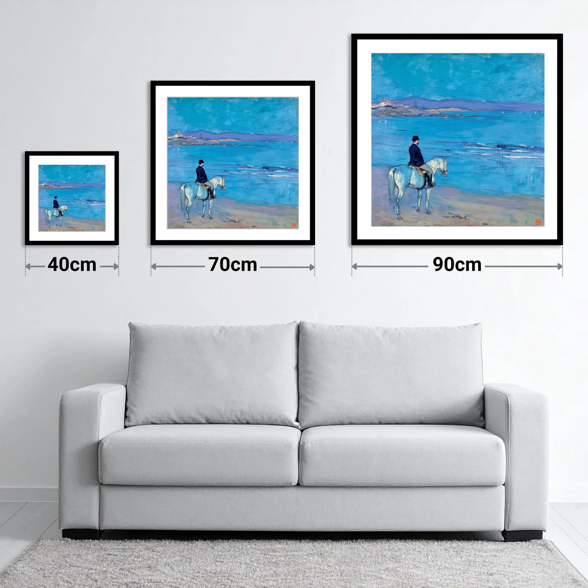 Gentleman's Coastal Ride - size guide showing 40cm, 70cm and 90cm art prints