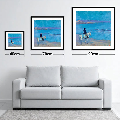 Gentleman's Coastal Ride - size guide showing 40cm, 70cm and 90cm art prints
