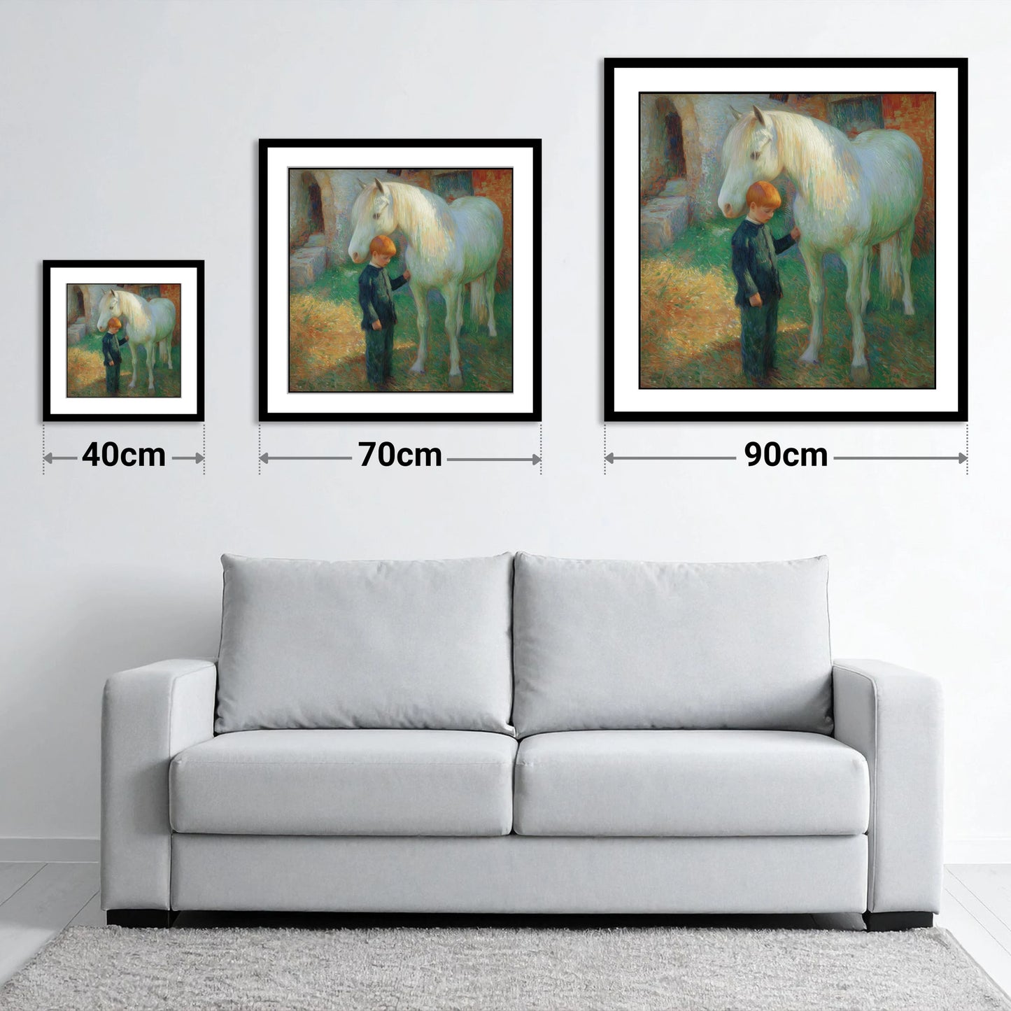 A Quiet Understanding - size guide showing 40cm, 70cm and 90cm art prints