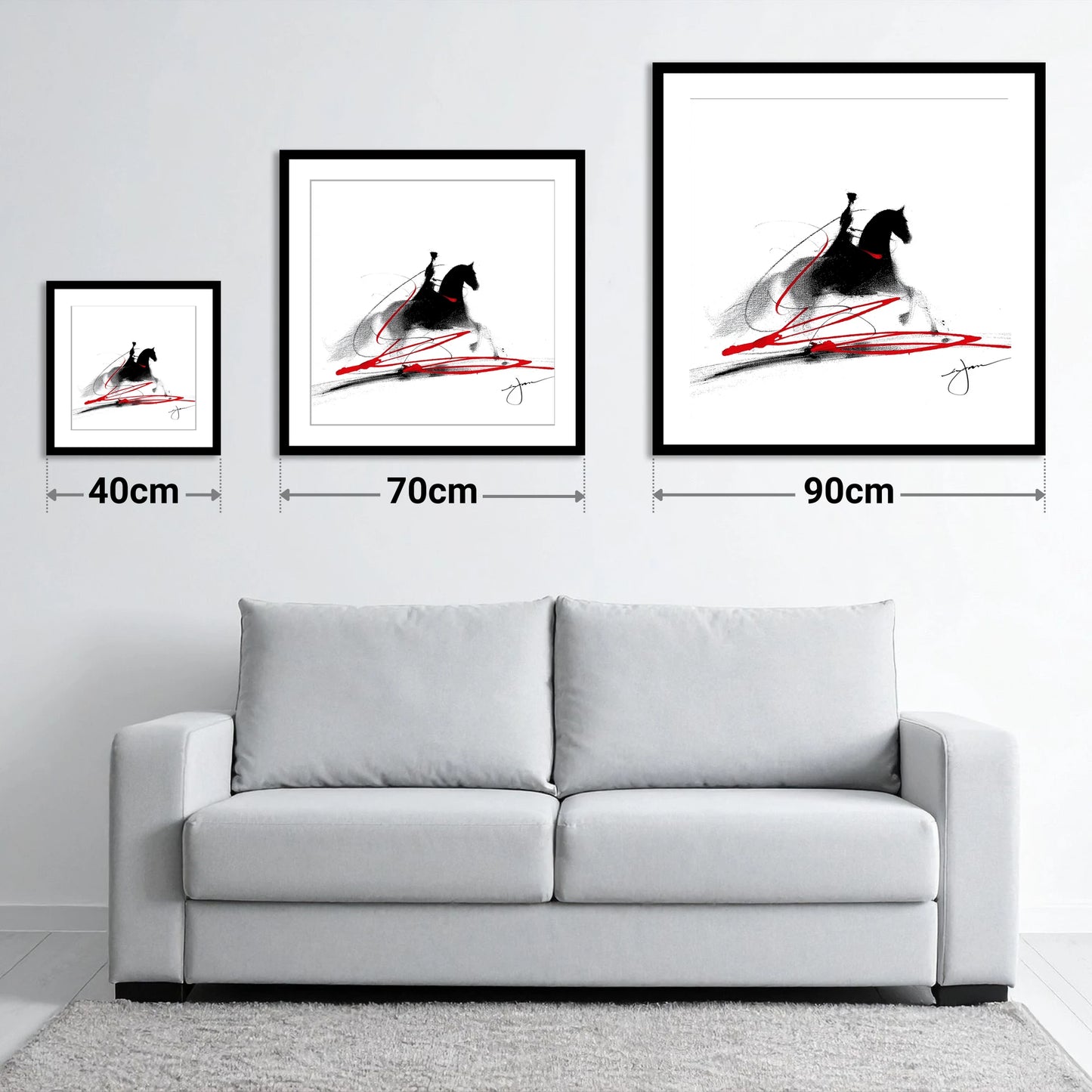 Passion in Passage - size guide showing 40cm, 70cm and 90cm art prints
