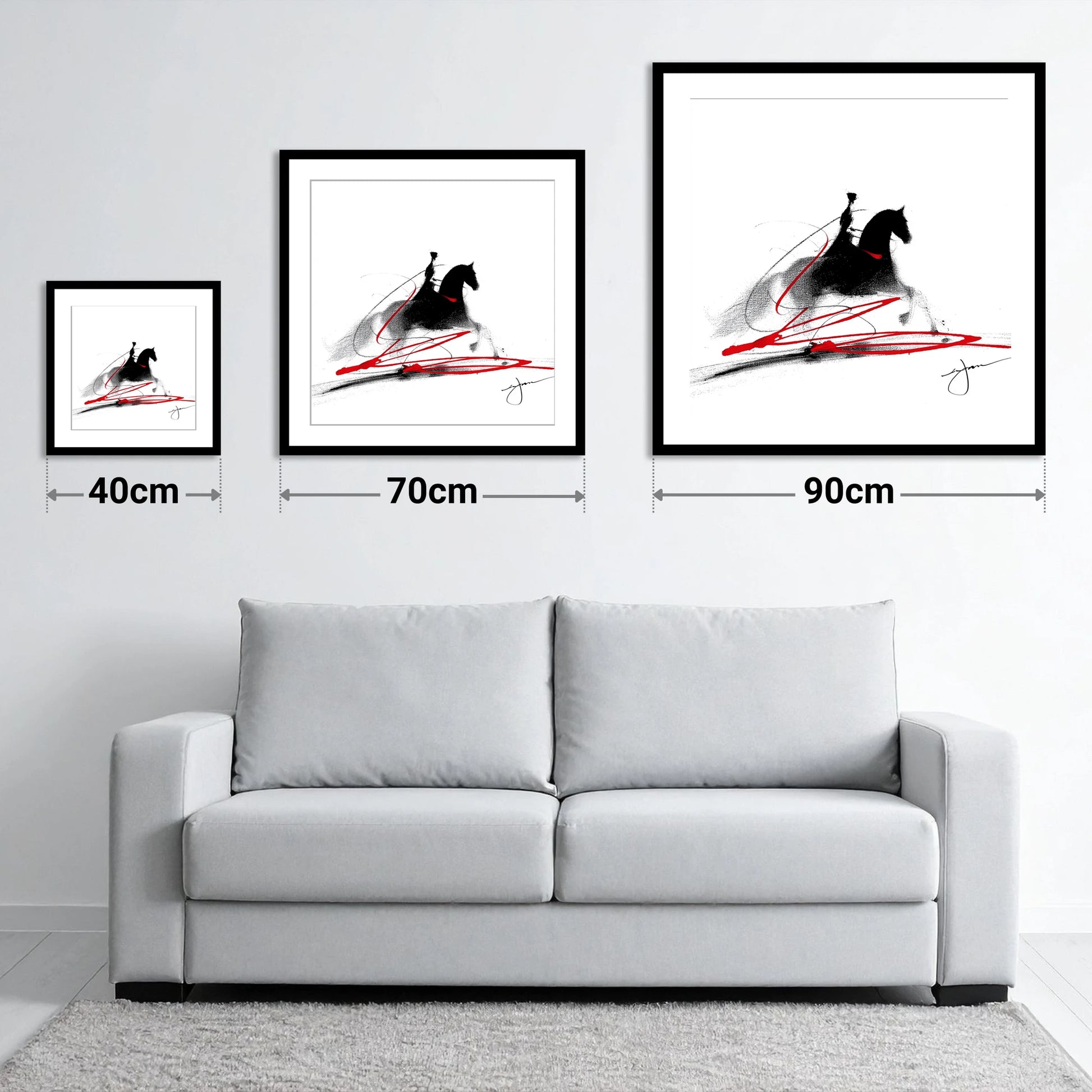 Passion in Passage - size guide showing 40cm, 70cm and 90cm art prints