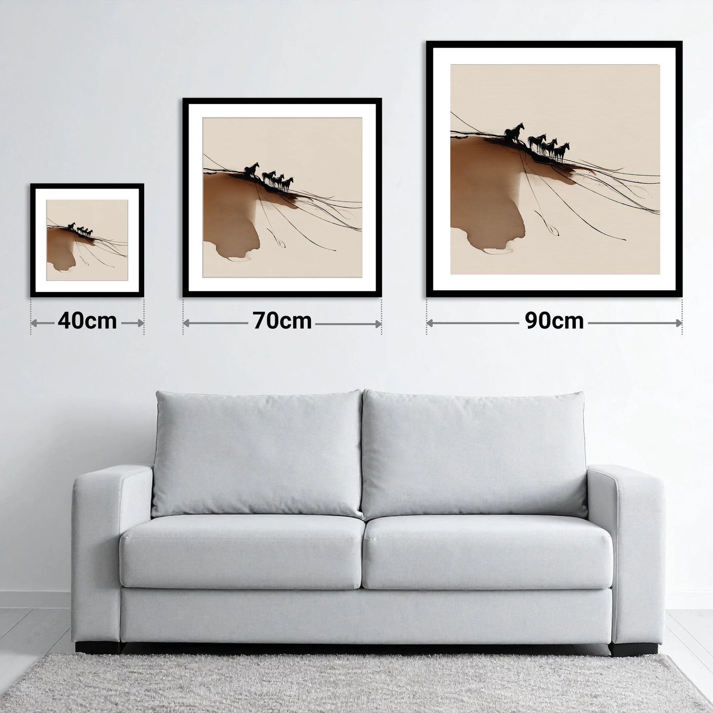 Herd on the Horizon - size guide showing 40cm, 70cm and 90cm art prints