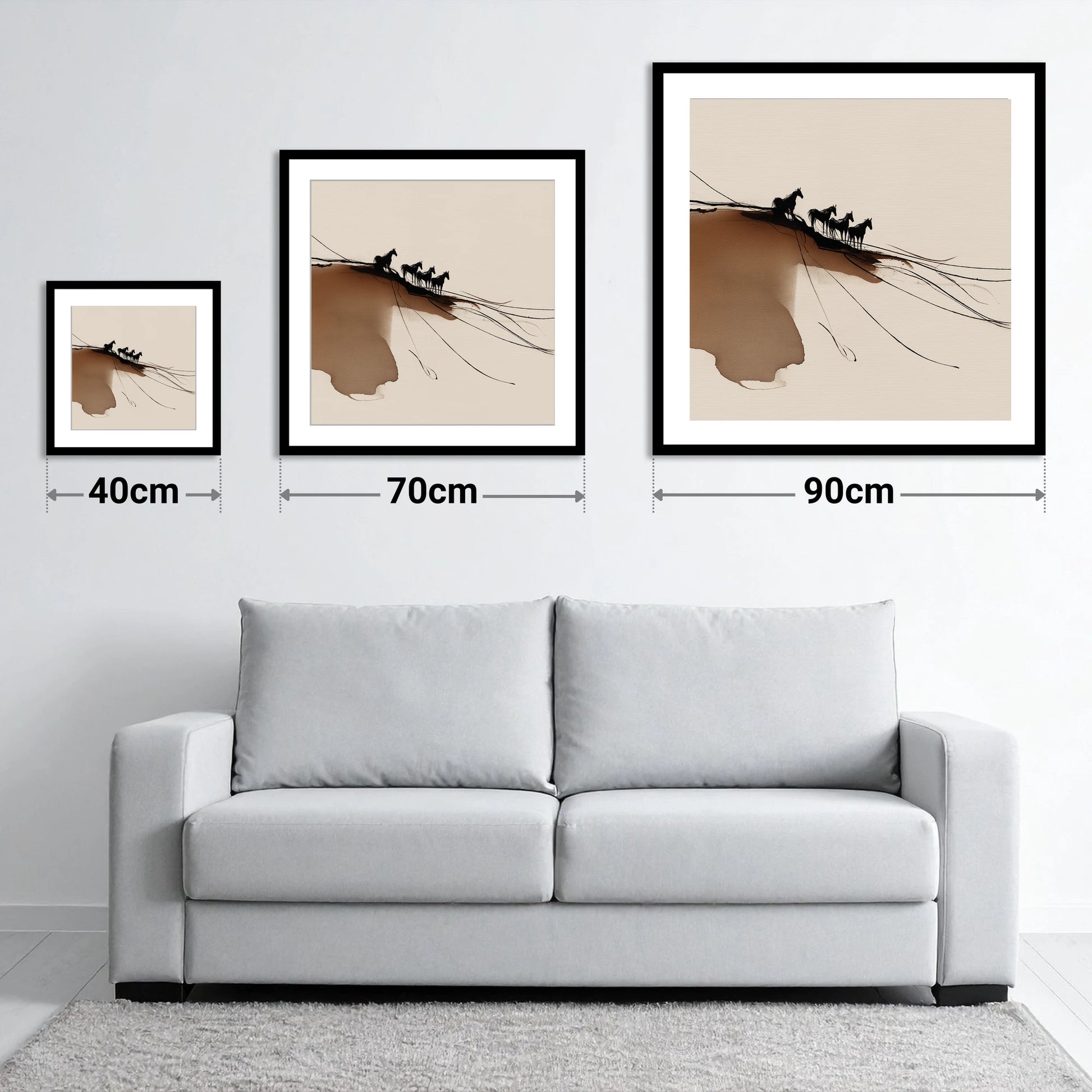 Herd on the Horizon - size guide showing 40cm, 70cm and 90cm art prints