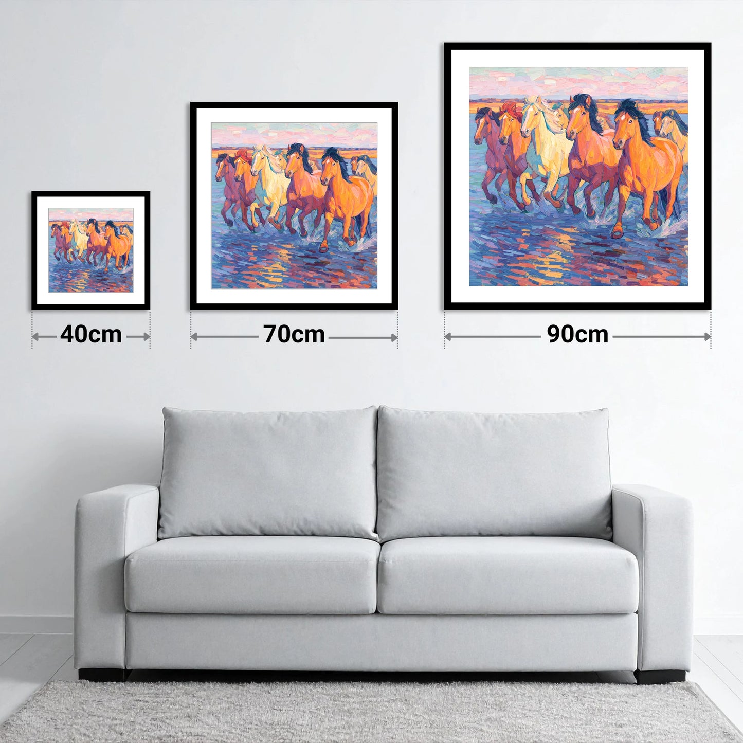 The Painted Tide - size guide showing 40cm, 70cm and 90cm art prints