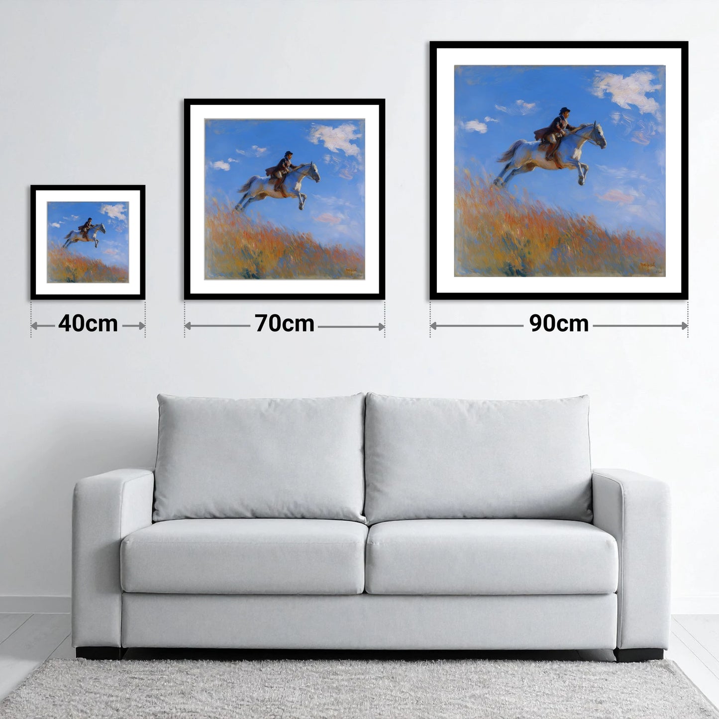 Clearing the Crest - size guide showing 40cm, 70cm and 90cm art prints