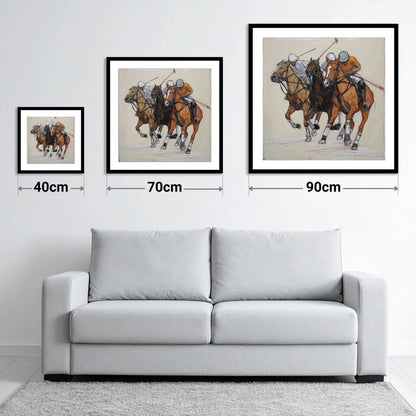 The Midfield Charge - size guide showing 40cm, 70cm and 90cm art prints