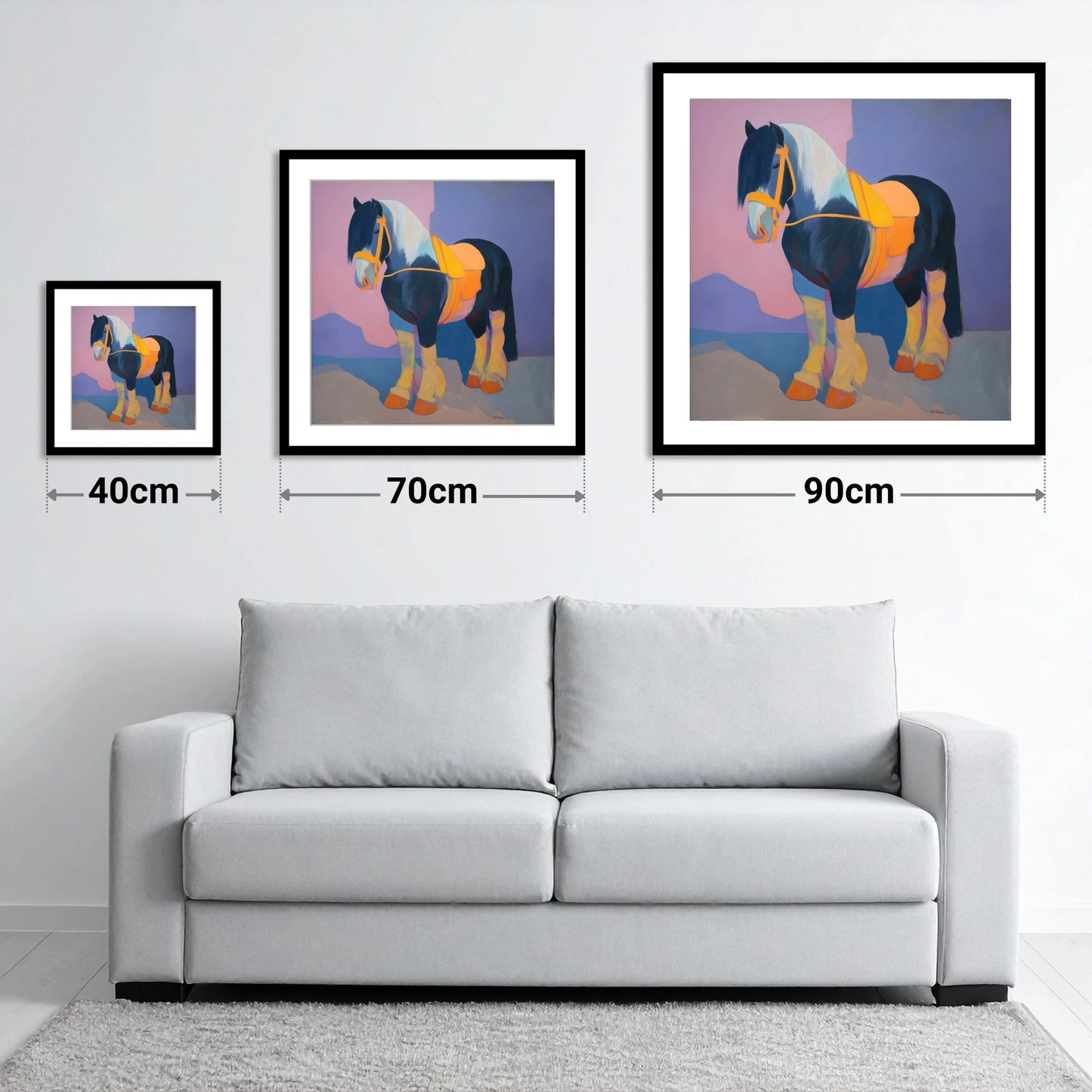 Vibrant Painted Cob - size guide showing 40cm, 70cm and 90cm art prints
