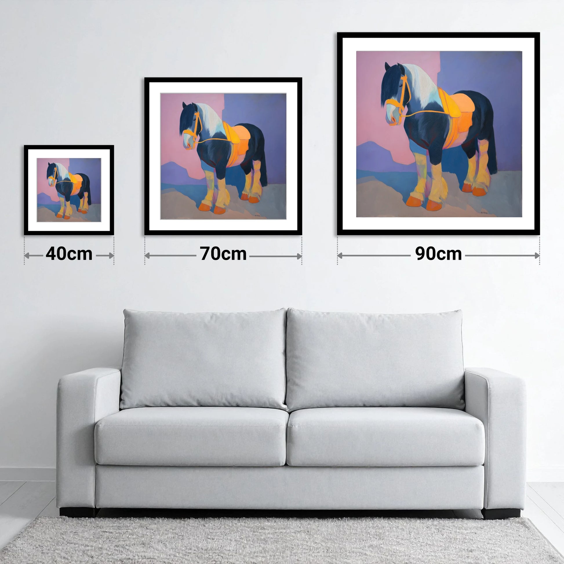Vibrant Painted Cob - size guide showing 40cm, 70cm and 90cm art prints
