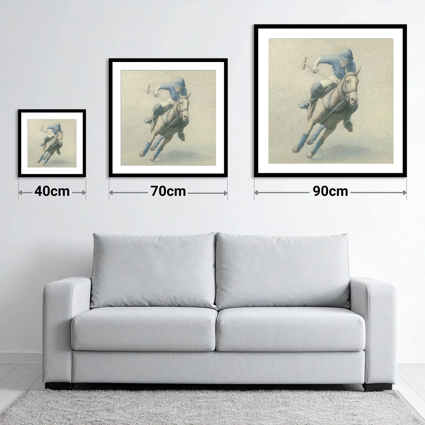 The Slate Blue Chukka - size guide showing 40cm, 70cm and 90cm art prints