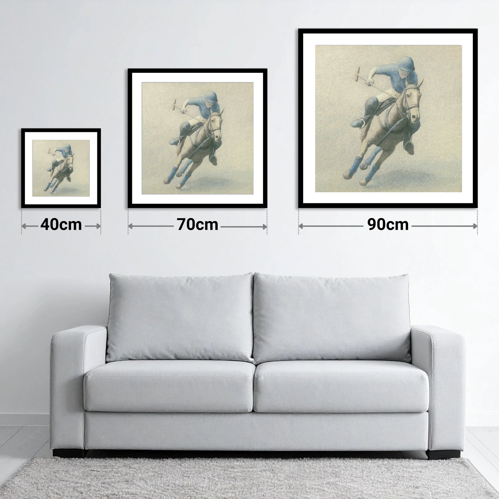 The Slate Blue Chukka - size guide showing 40cm, 70cm and 90cm art prints