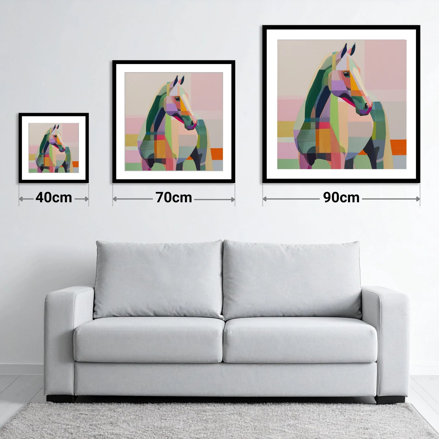 Prismatic Equine Profile - size guide showing 40cm, 70cm and 90cm art prints