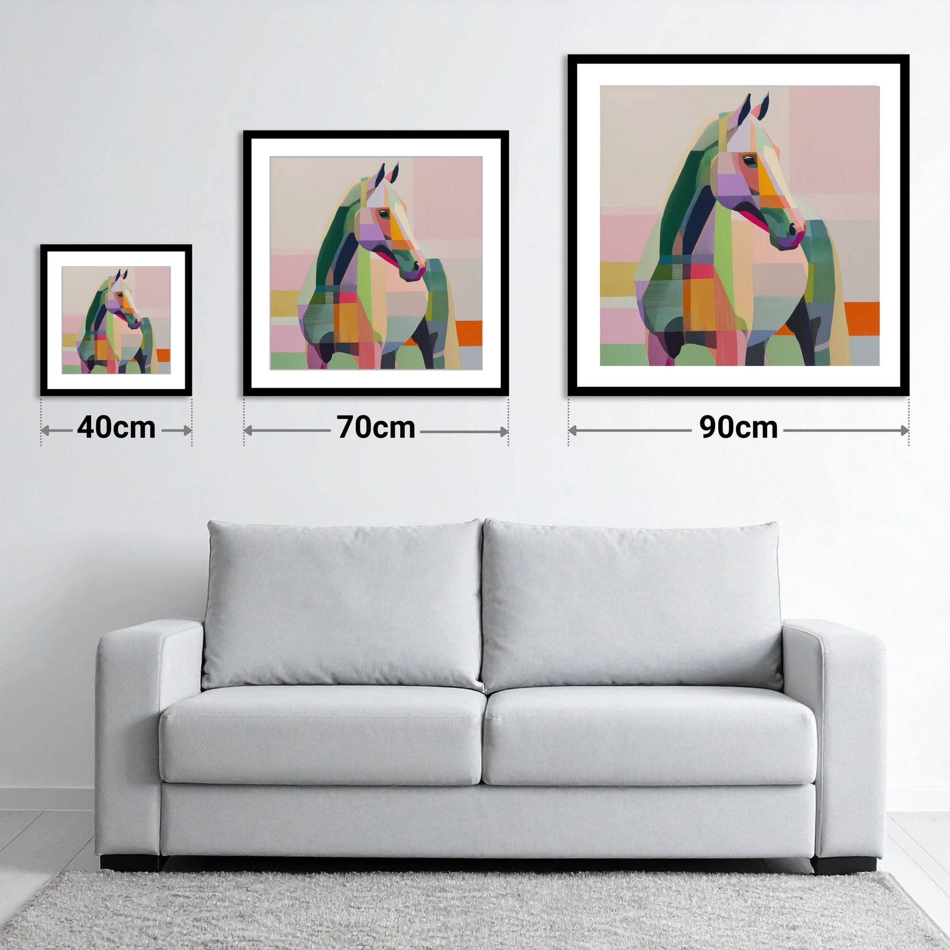 Prismatic Equine Profile - size guide showing 40cm, 70cm and 90cm art prints