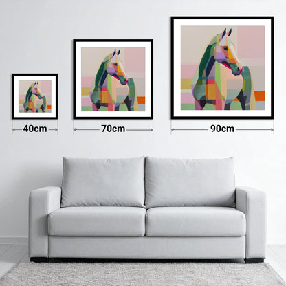 Prismatic Equine Profile - size guide showing 40cm, 70cm and 90cm art prints