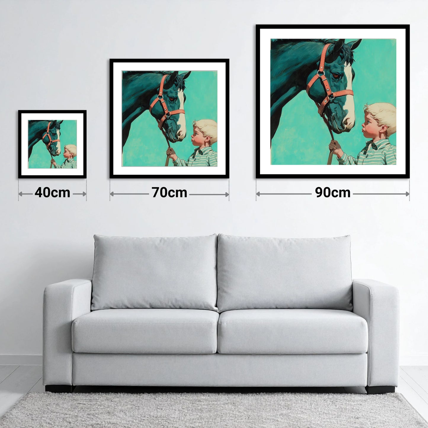 A Quiet Connection - size guide showing 40cm, 70cm and 90cm art prints