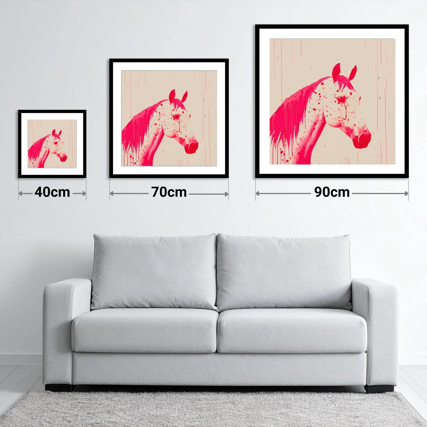 Bold Magenta Profile - size guide showing 40cm, 70cm and 90cm art prints