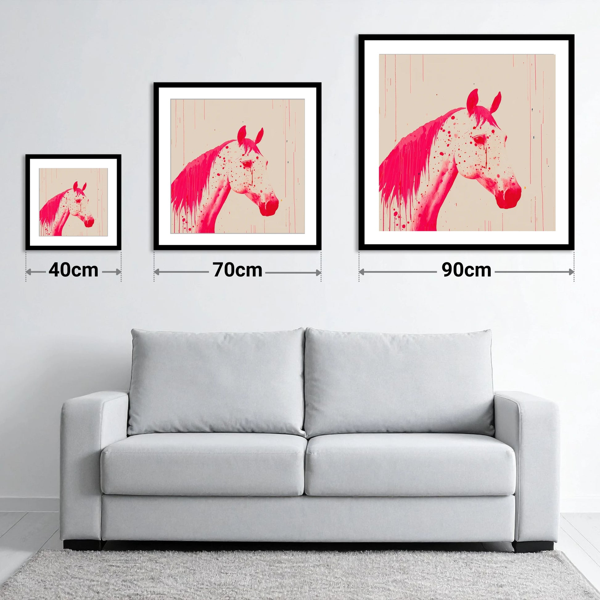 Bold Magenta Profile - size guide showing 40cm, 70cm and 90cm art prints
