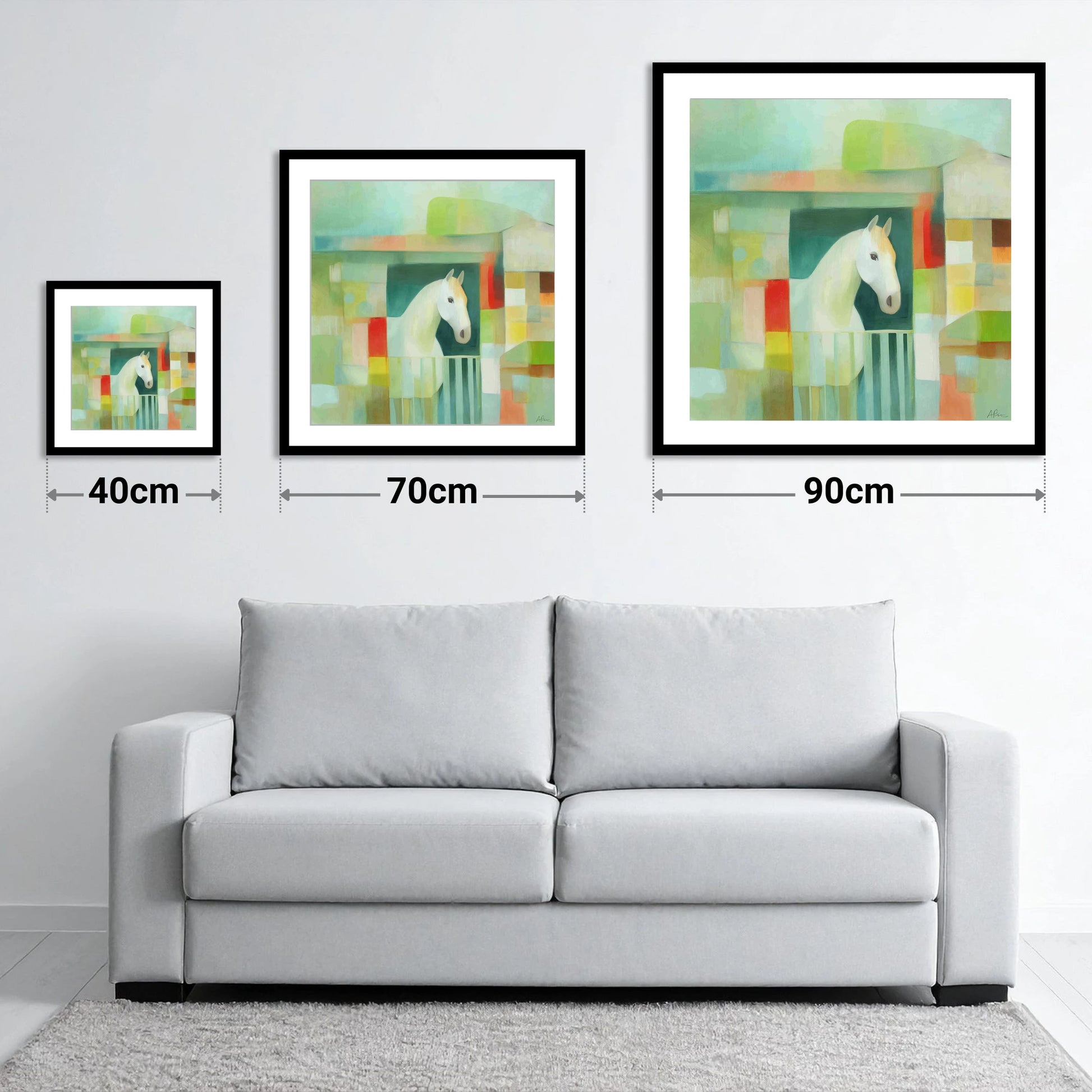Geometric Stable Grey - size guide showing 40cm, 70cm and 90cm art prints