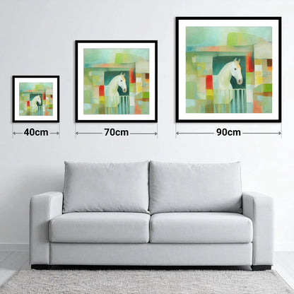 Geometric Stable Grey - size guide showing 40cm, 70cm and 90cm art prints