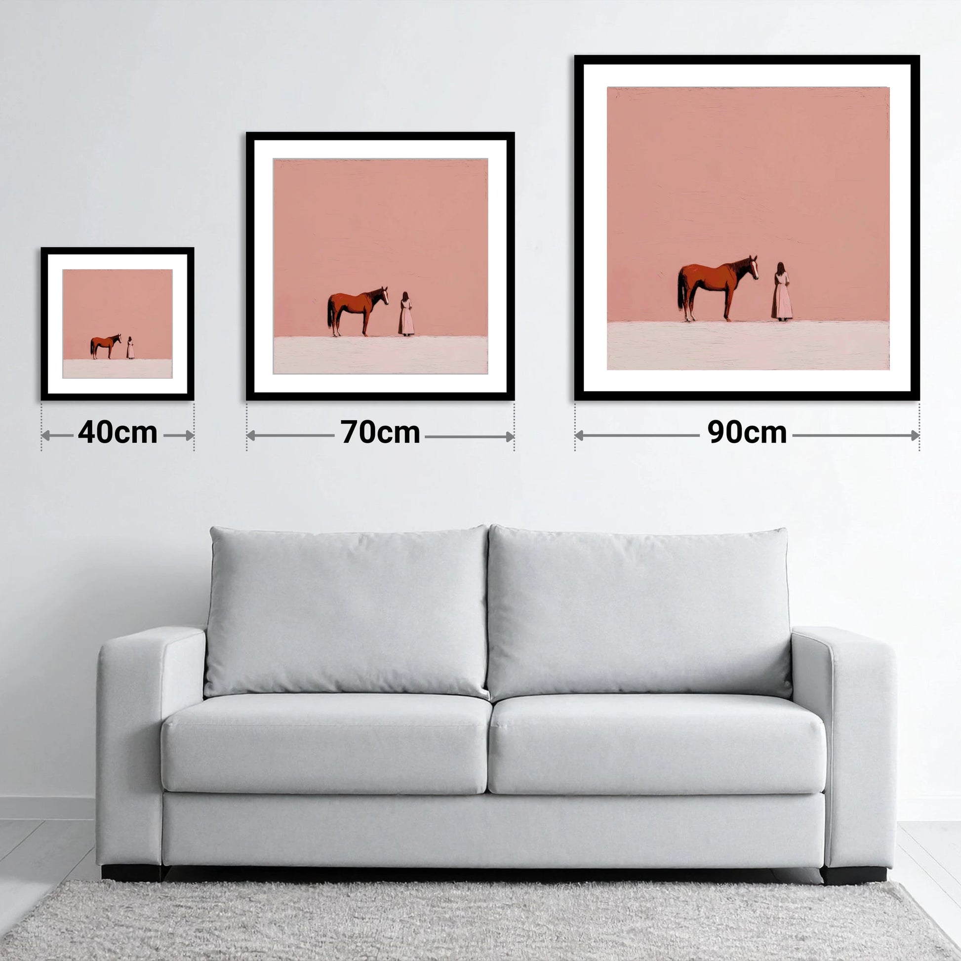 A Quiet Understanding - size guide showing 40cm, 70cm and 90cm art prints