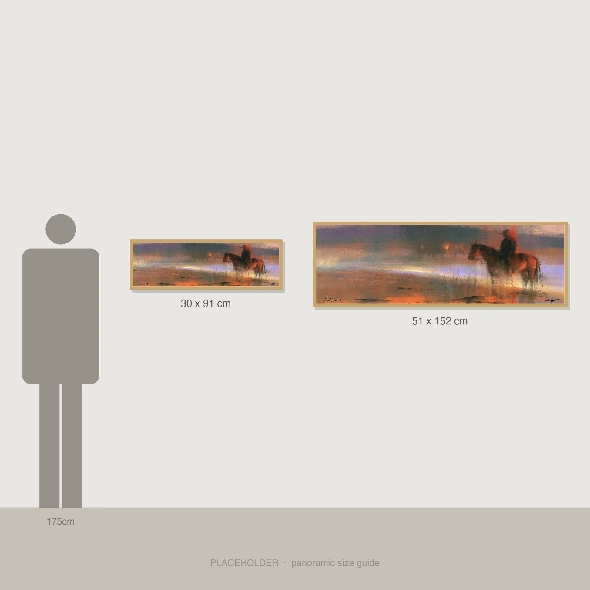 Out at Dawn - panoramic size guide showing 30x91cm and 51x152cm