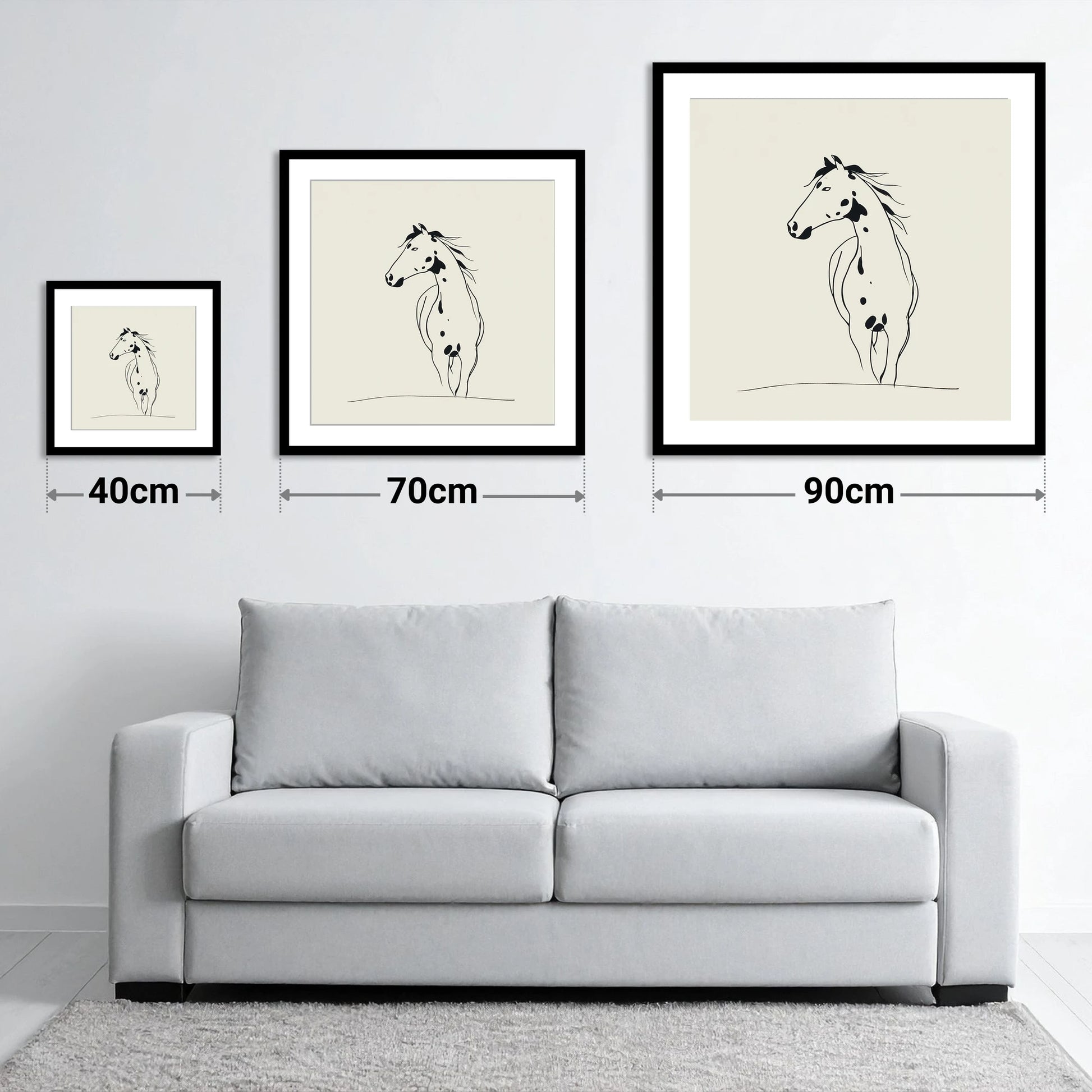 Minimalist Appaloosa Profile - size guide showing 40cm, 70cm and 90cm art prints