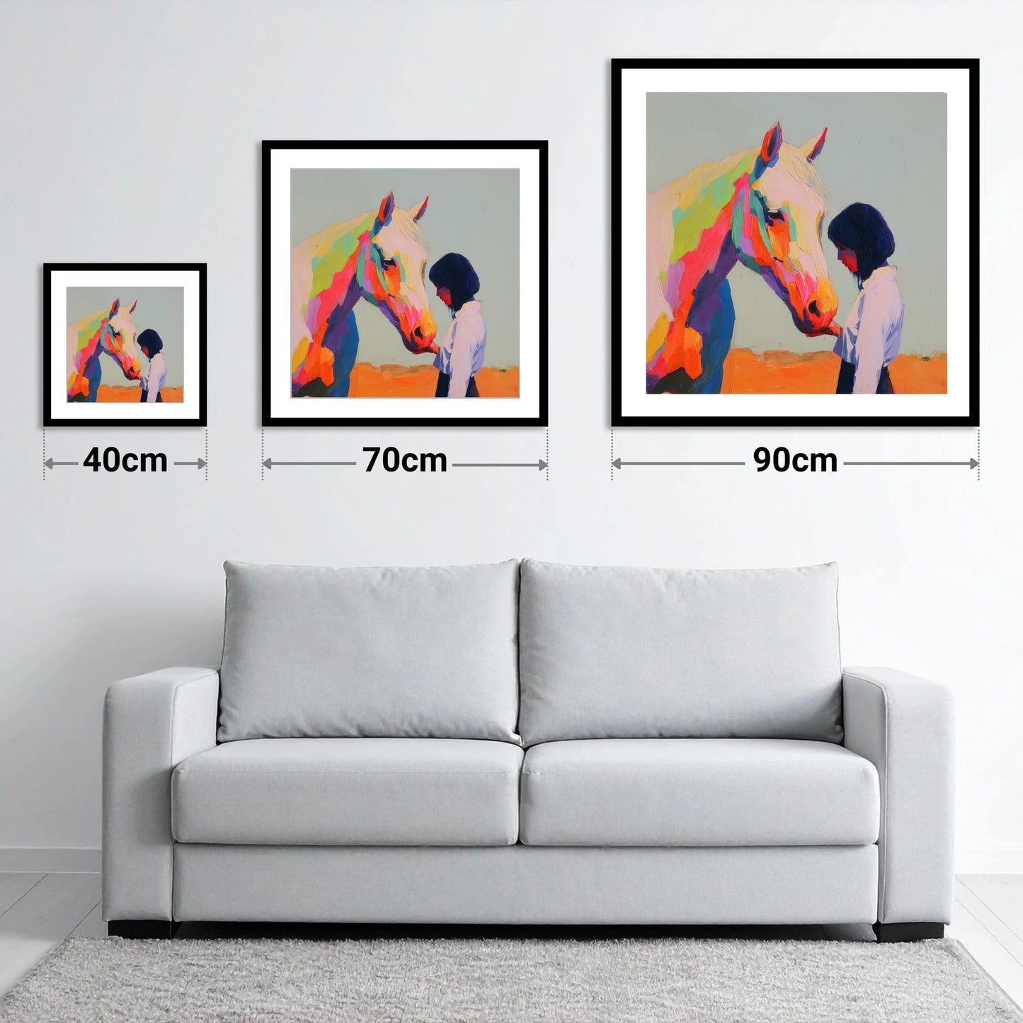 Vivid Connection - size guide showing 40cm, 70cm and 90cm art prints