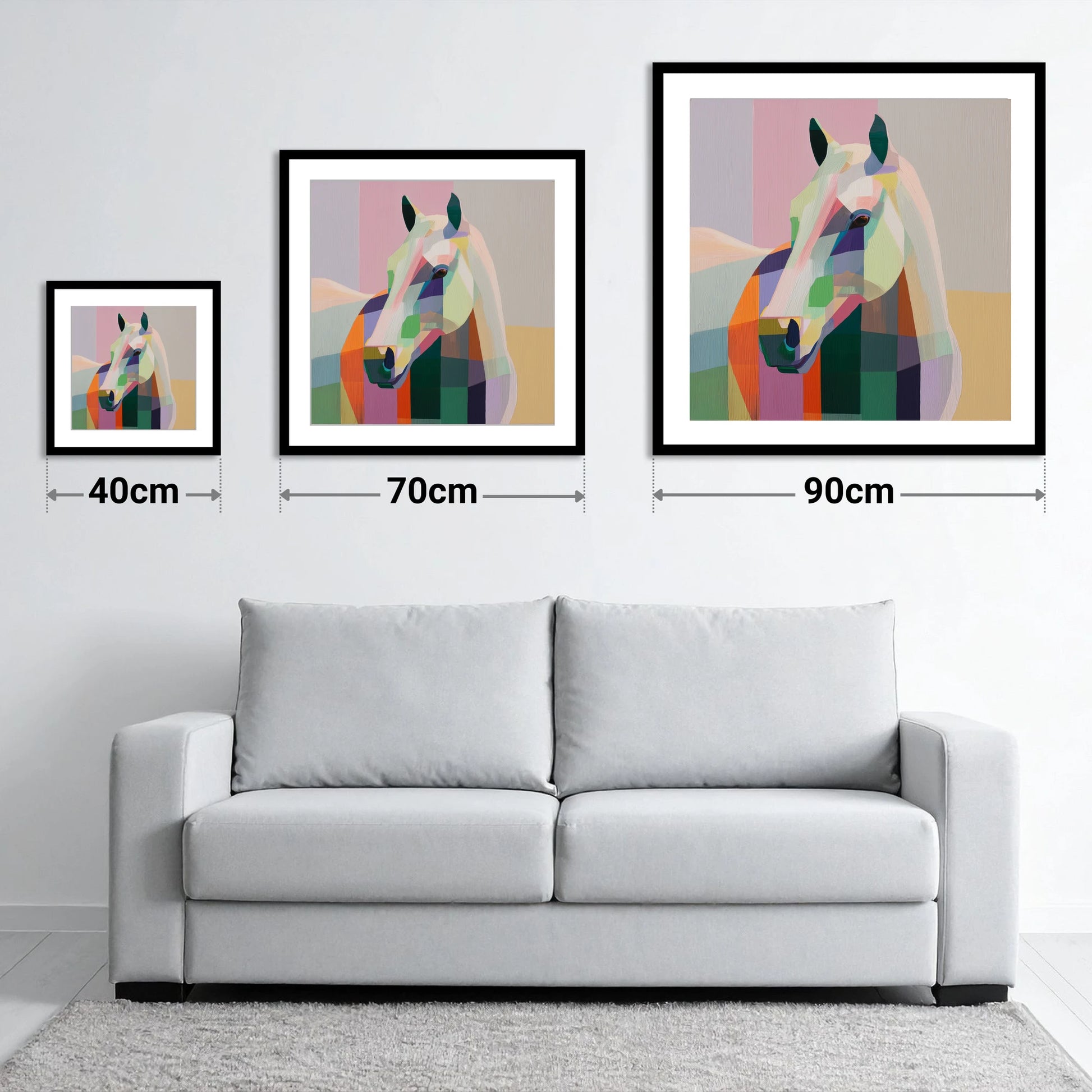Prismatic Equine Portrait - size guide showing 40cm, 70cm and 90cm art prints