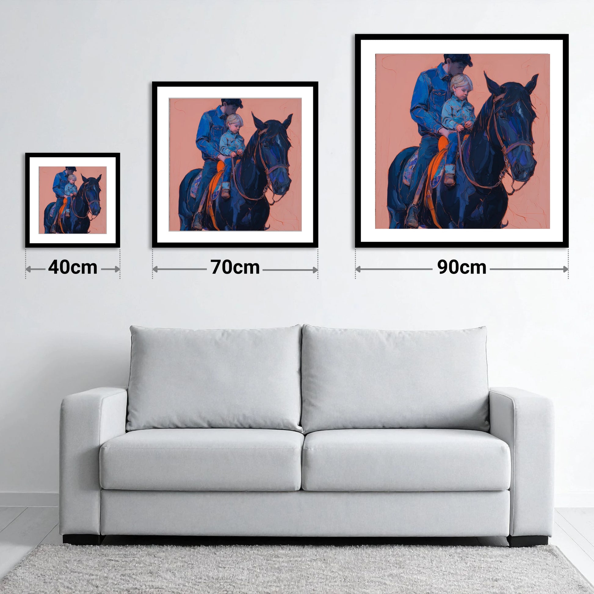 Safe in the Saddle - size guide showing 40cm, 70cm and 90cm art prints