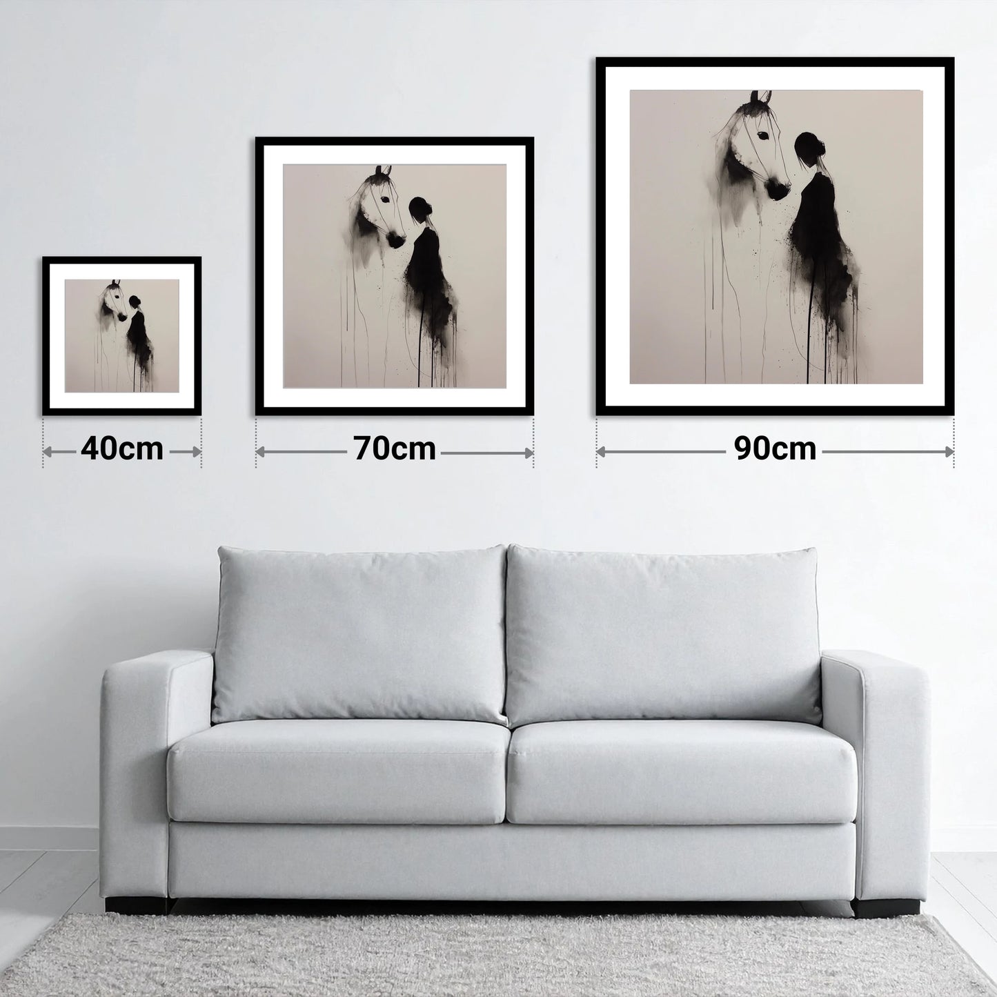 The Unspoken Bond - size guide showing 40cm, 70cm and 90cm art prints