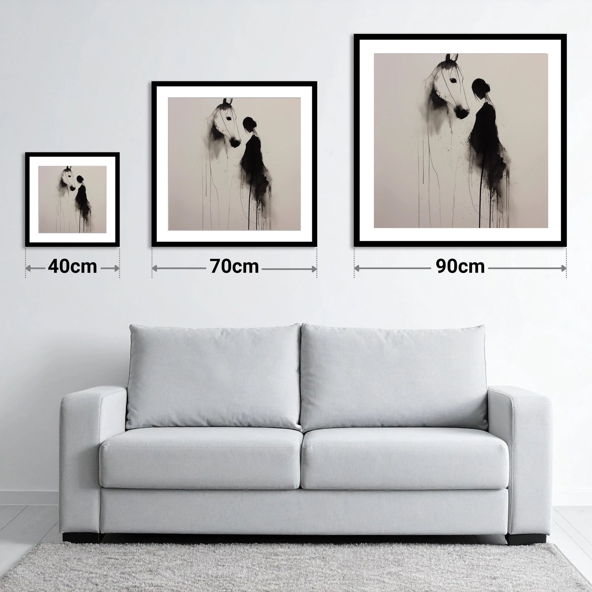 The Unspoken Bond - size guide showing 40cm, 70cm and 90cm art prints
