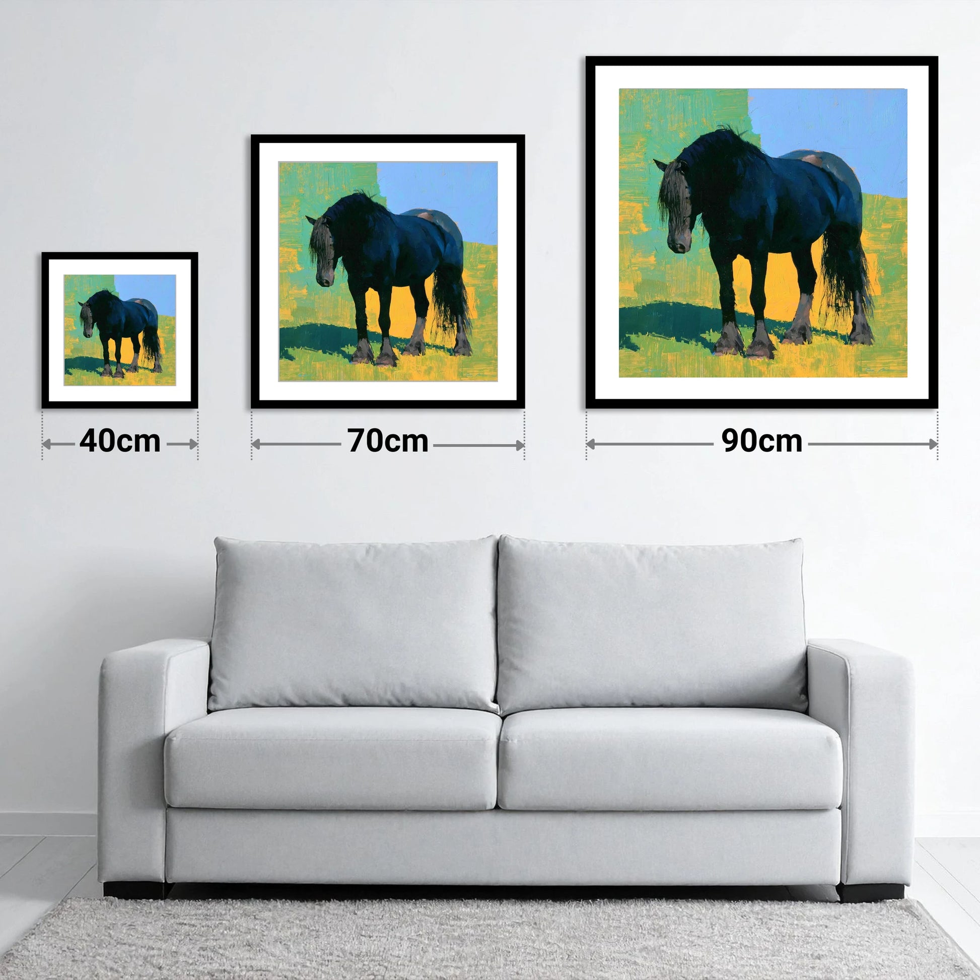 Black Horse Against Vibrant Yellow - size guide showing 40cm, 70cm and 90cm art prints