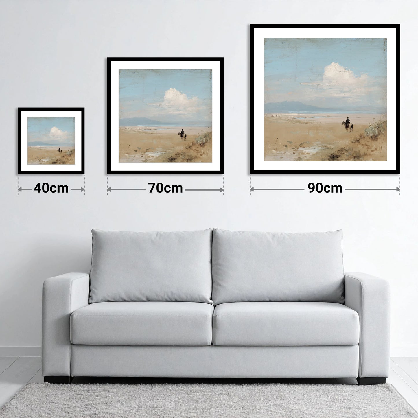 The Quiet Horizon - size guide showing 40cm, 70cm and 90cm art prints