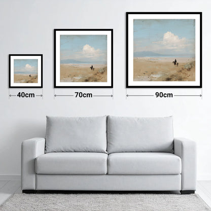 The Quiet Horizon - size guide showing 40cm, 70cm and 90cm art prints