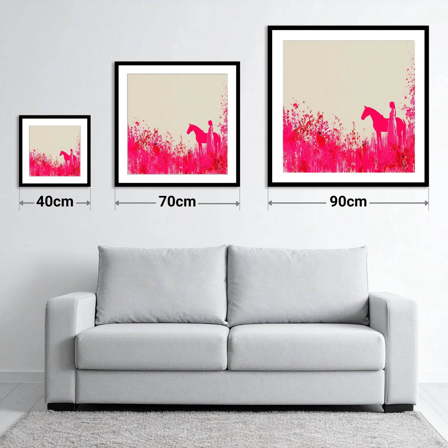 Vibrant Magenta Silhouette - size guide showing 40cm, 70cm and 90cm art prints