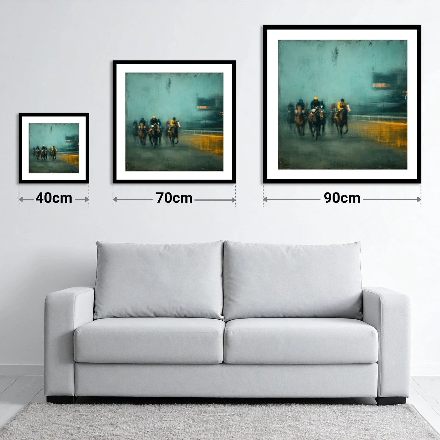 Thundering Through The Mist - size guide showing 40cm, 70cm and 90cm art prints