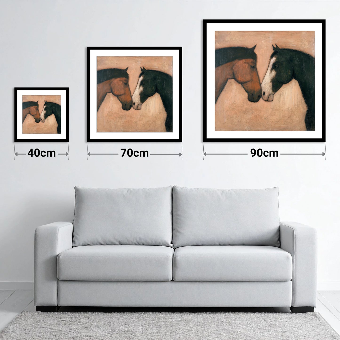 Kindred Spirits - size guide showing 40cm, 70cm and 90cm art prints