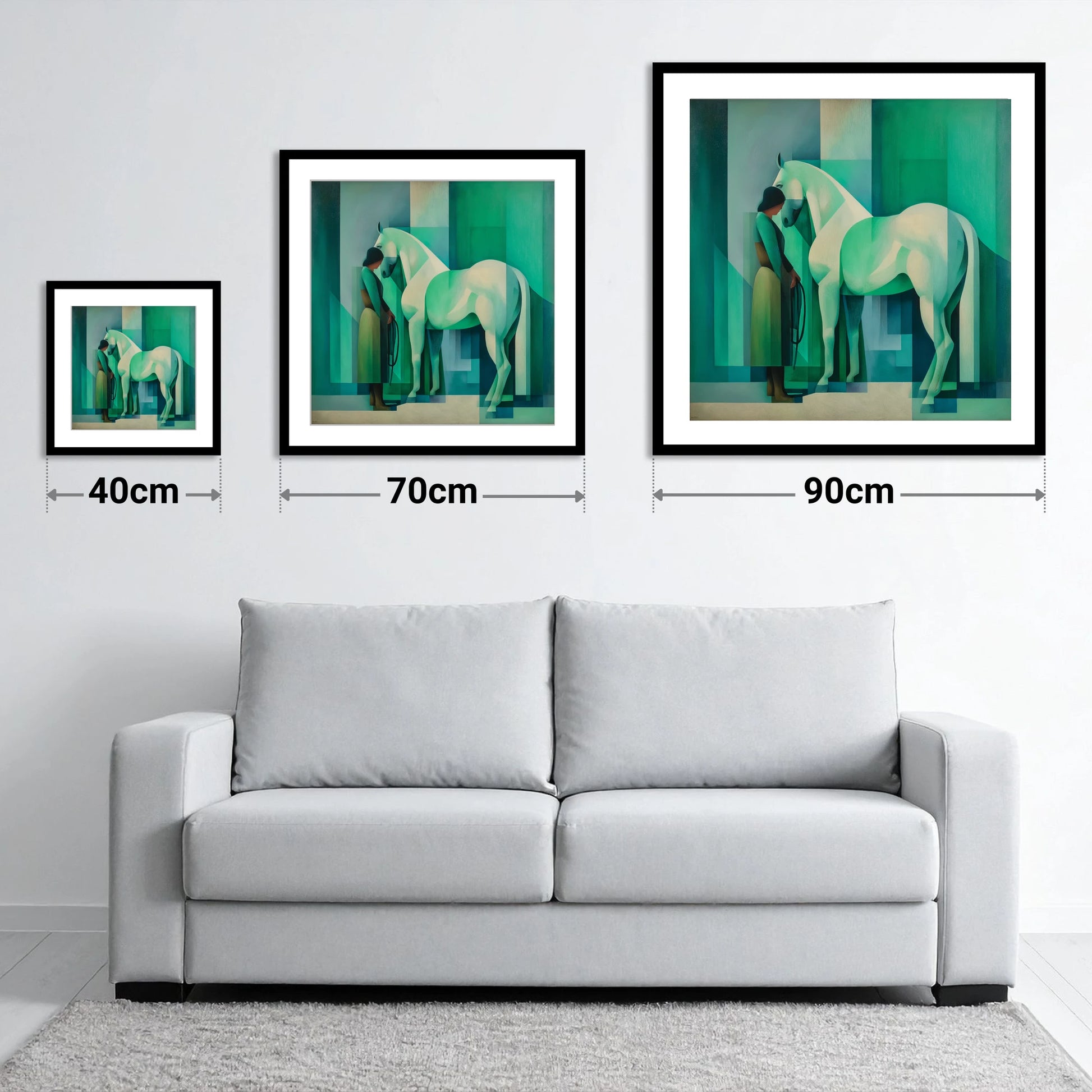 Emerald Equine Harmony - size guide showing 40cm, 70cm and 90cm art prints