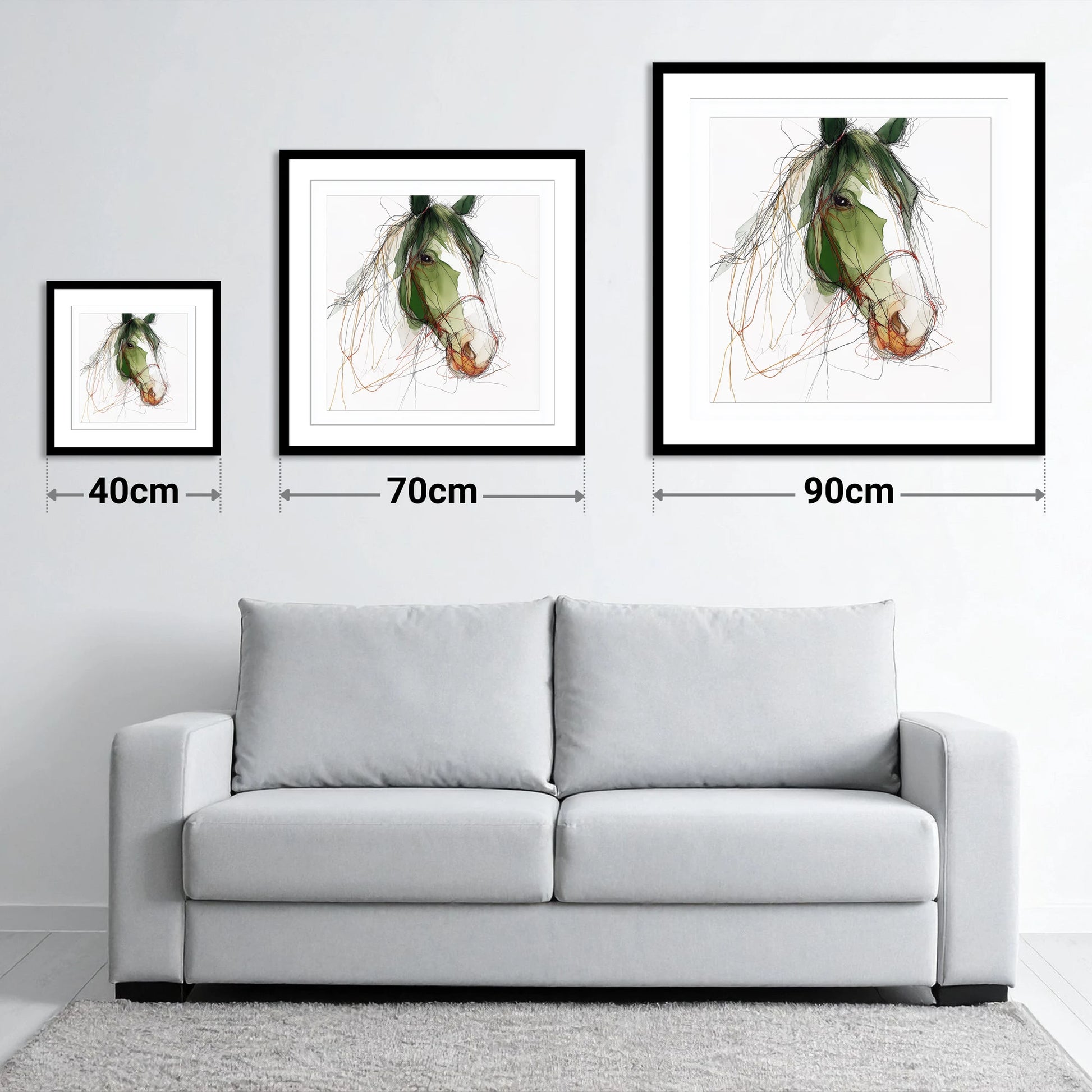 Verdant Equine Gaze - size guide showing 40cm, 70cm and 90cm art prints