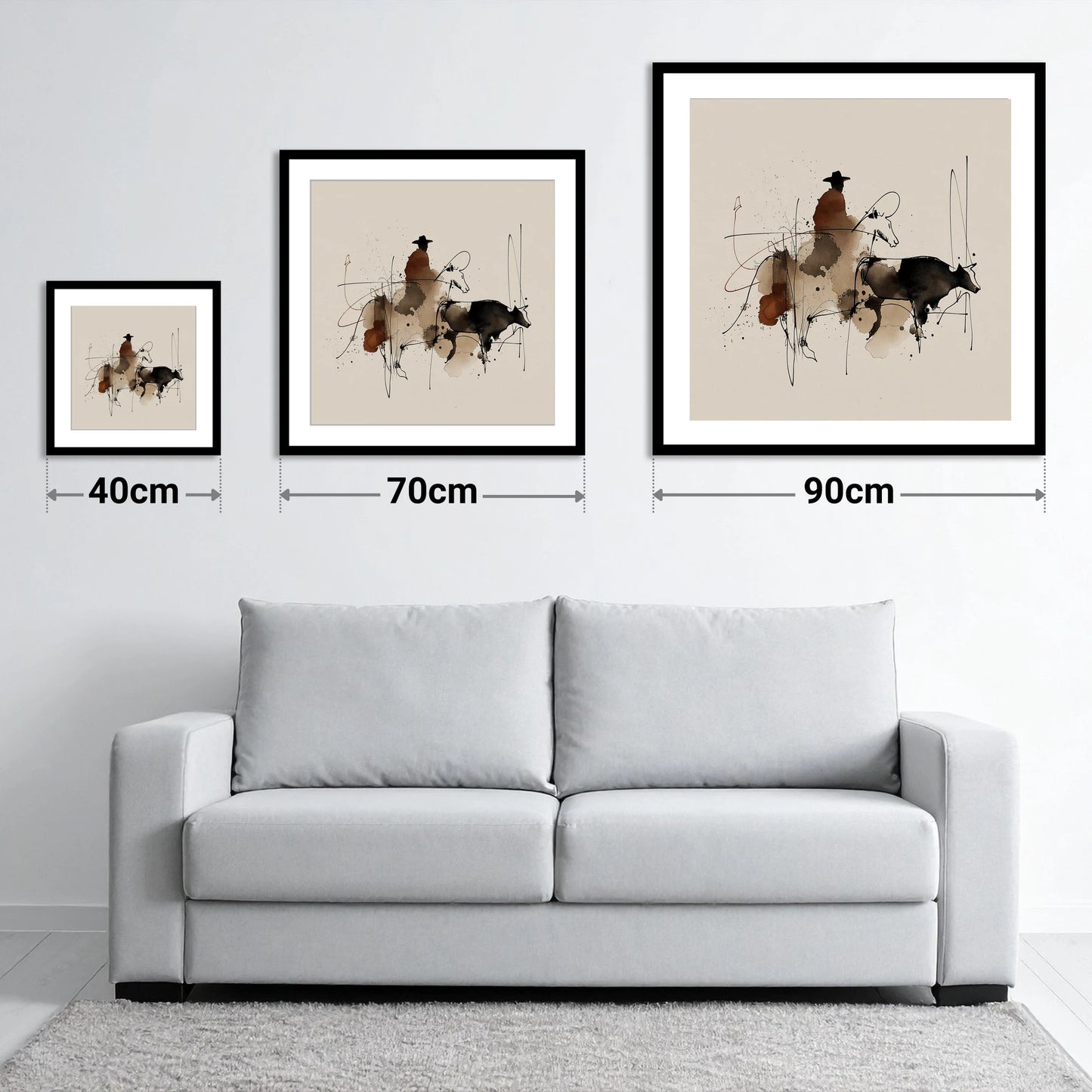Western Shadows - size guide showing 40cm, 70cm and 90cm art prints