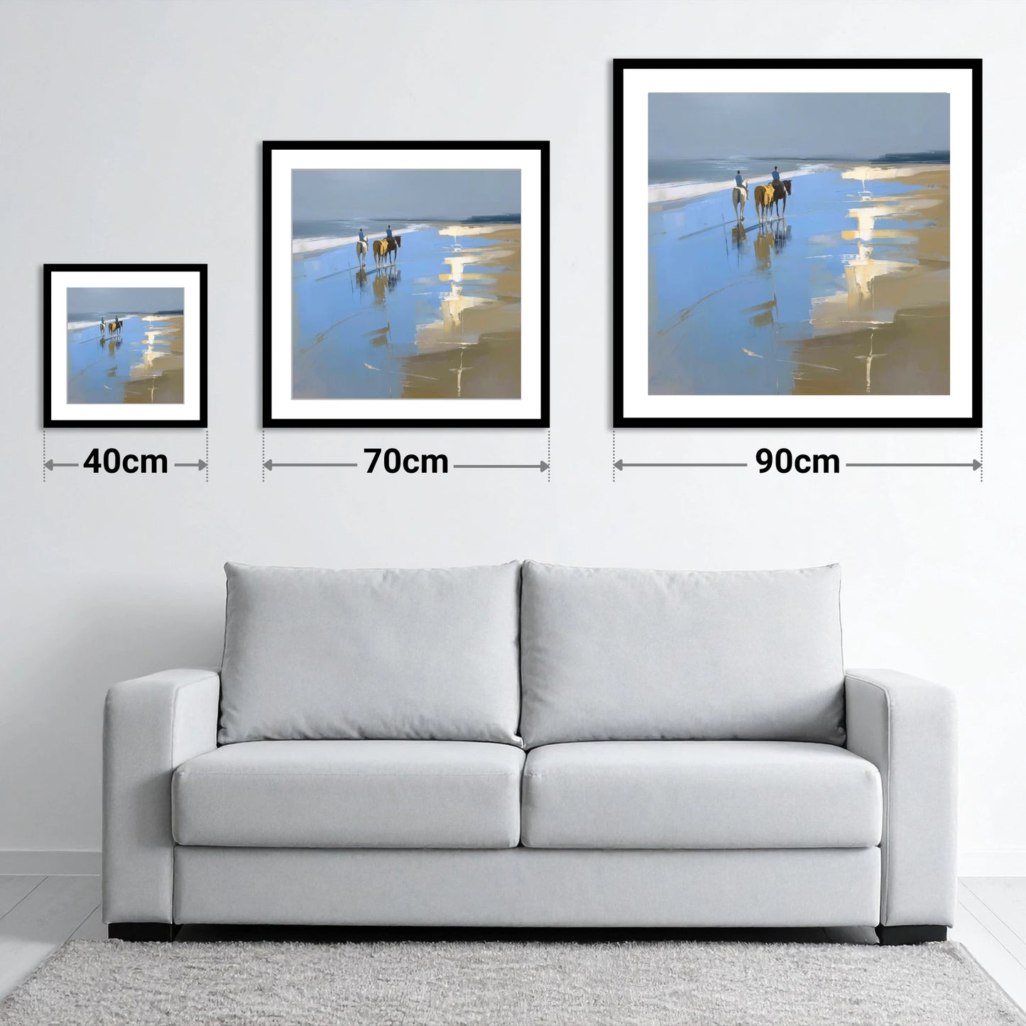 Shoreline Reflections - size guide showing 40cm, 70cm and 90cm art prints