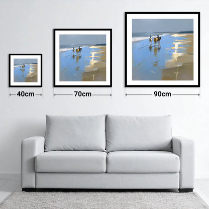 Shoreline Reflections - size guide showing 40cm, 70cm and 90cm art prints