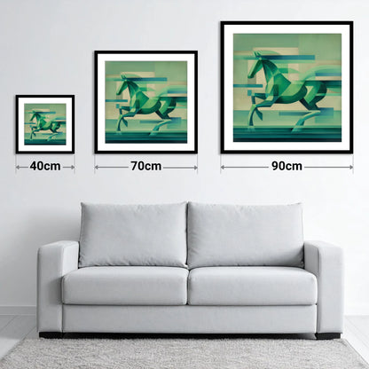 Abstract Emerald Canter - size guide showing 40cm, 70cm and 90cm art prints