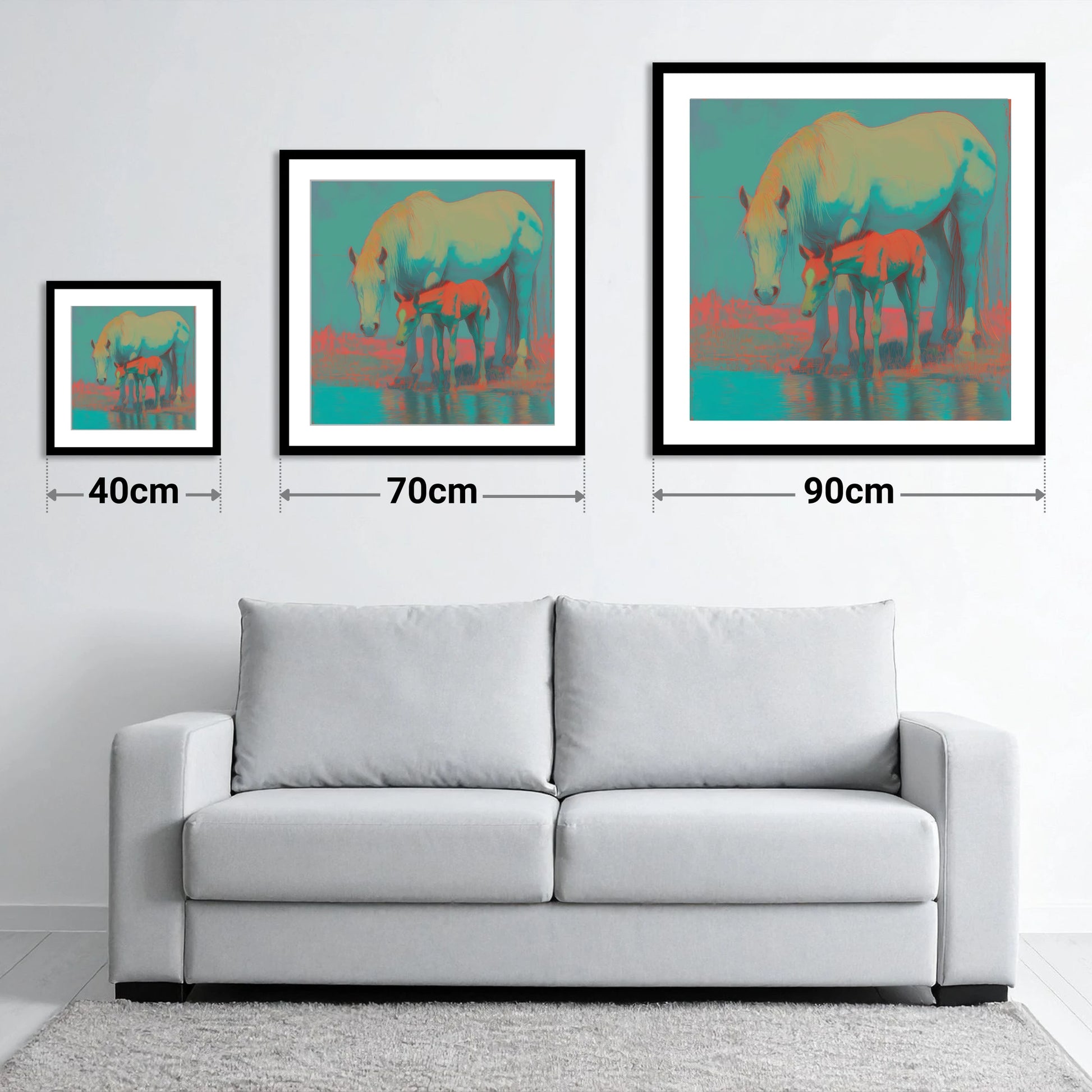 Electric Shoreline Bond - size guide showing 40cm, 70cm and 90cm art prints