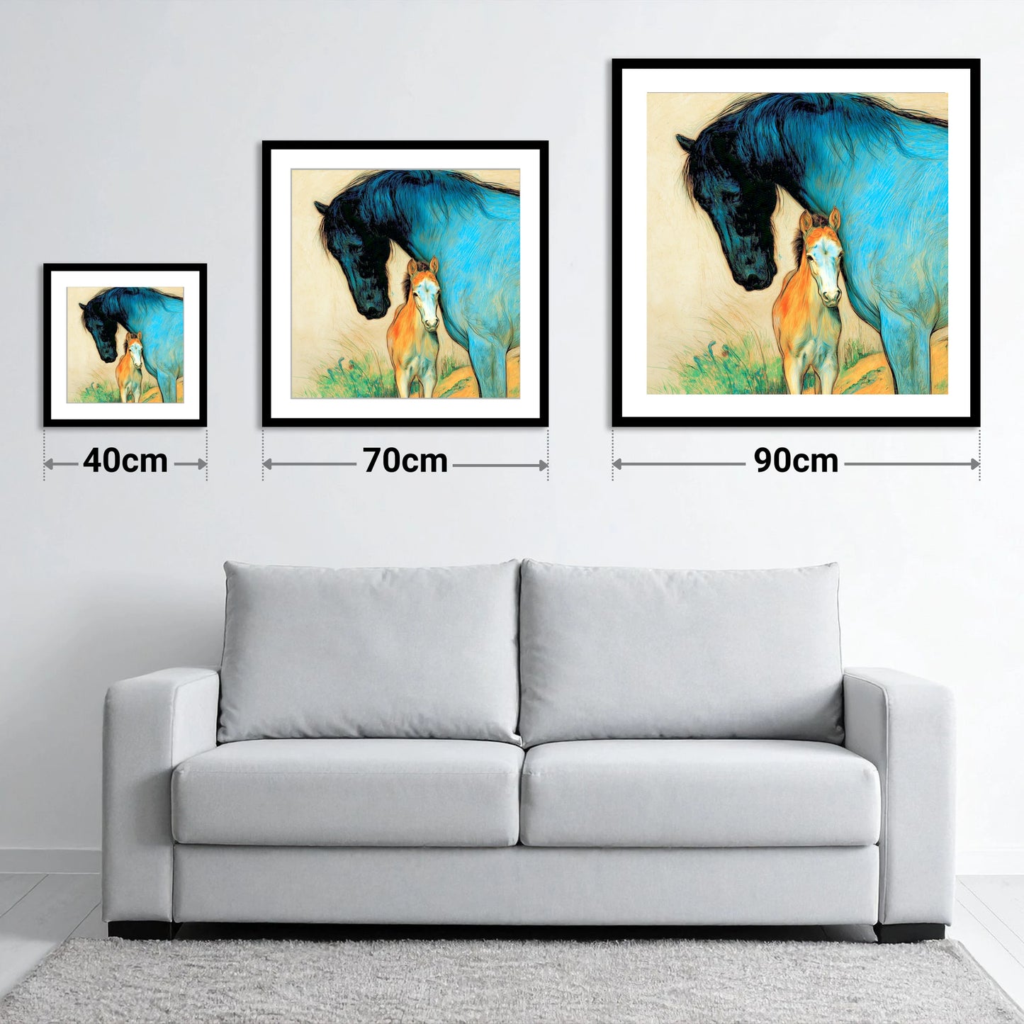 Vivid Devotion - size guide showing 40cm, 70cm and 90cm art prints