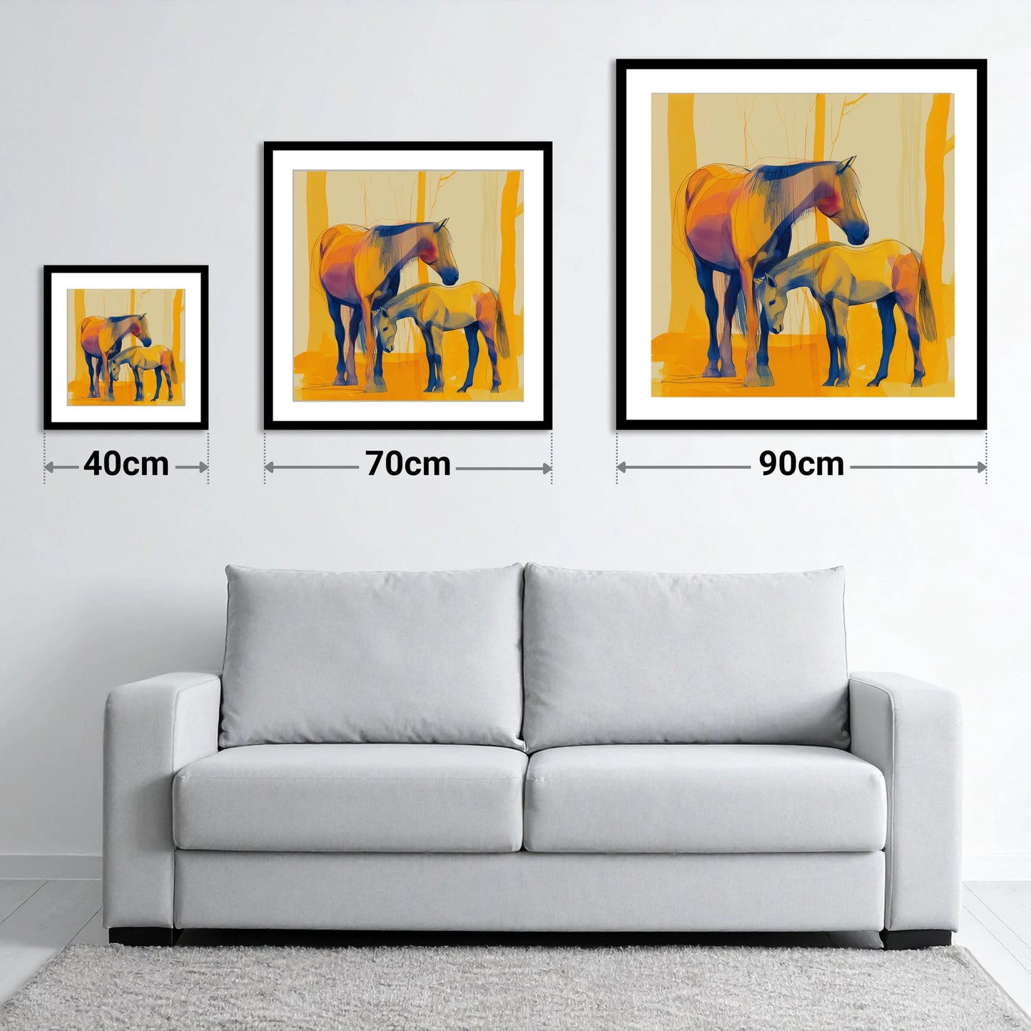 Saffron Mare and Foal - size guide showing 40cm, 70cm and 90cm art prints