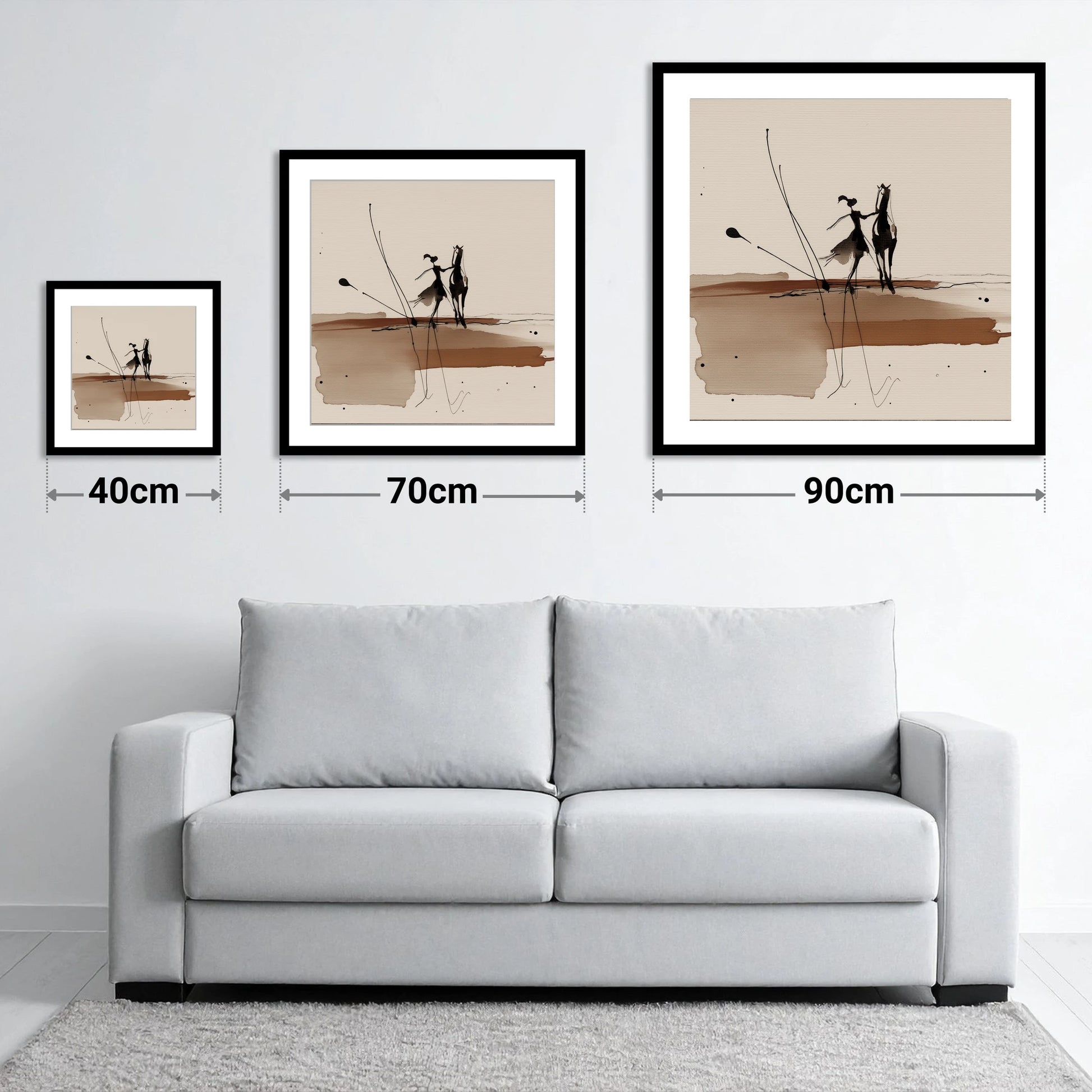 Fluid Harmony - size guide showing 40cm, 70cm and 90cm art prints