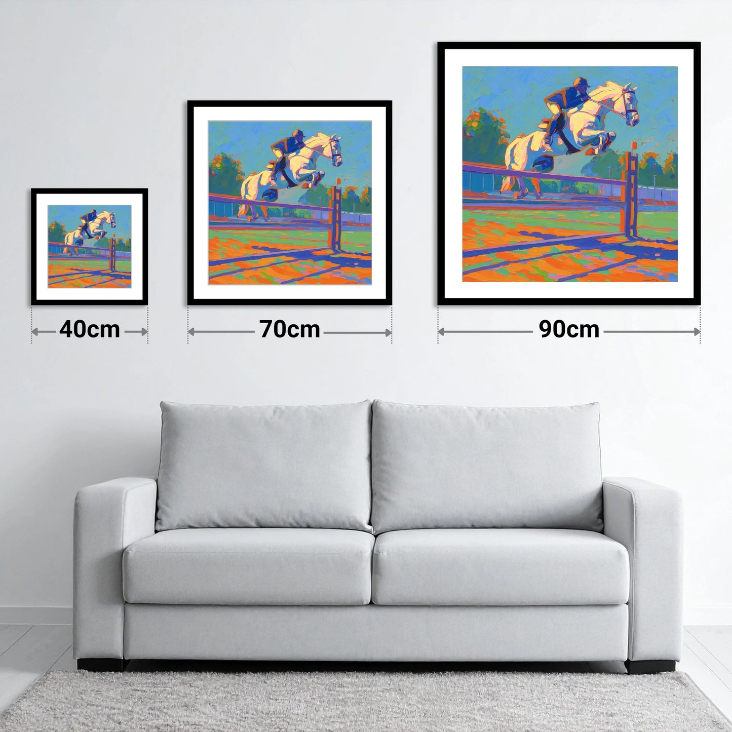 Vibrant Clearance - size guide showing 40cm, 70cm and 90cm art prints