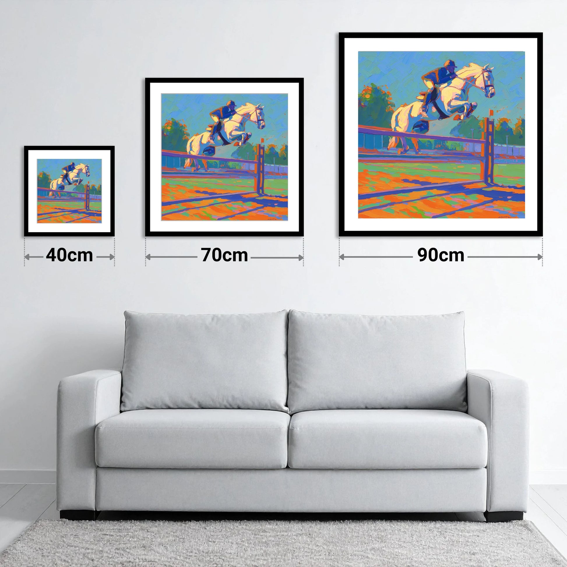 Vibrant Clearance - size guide showing 40cm, 70cm and 90cm art prints