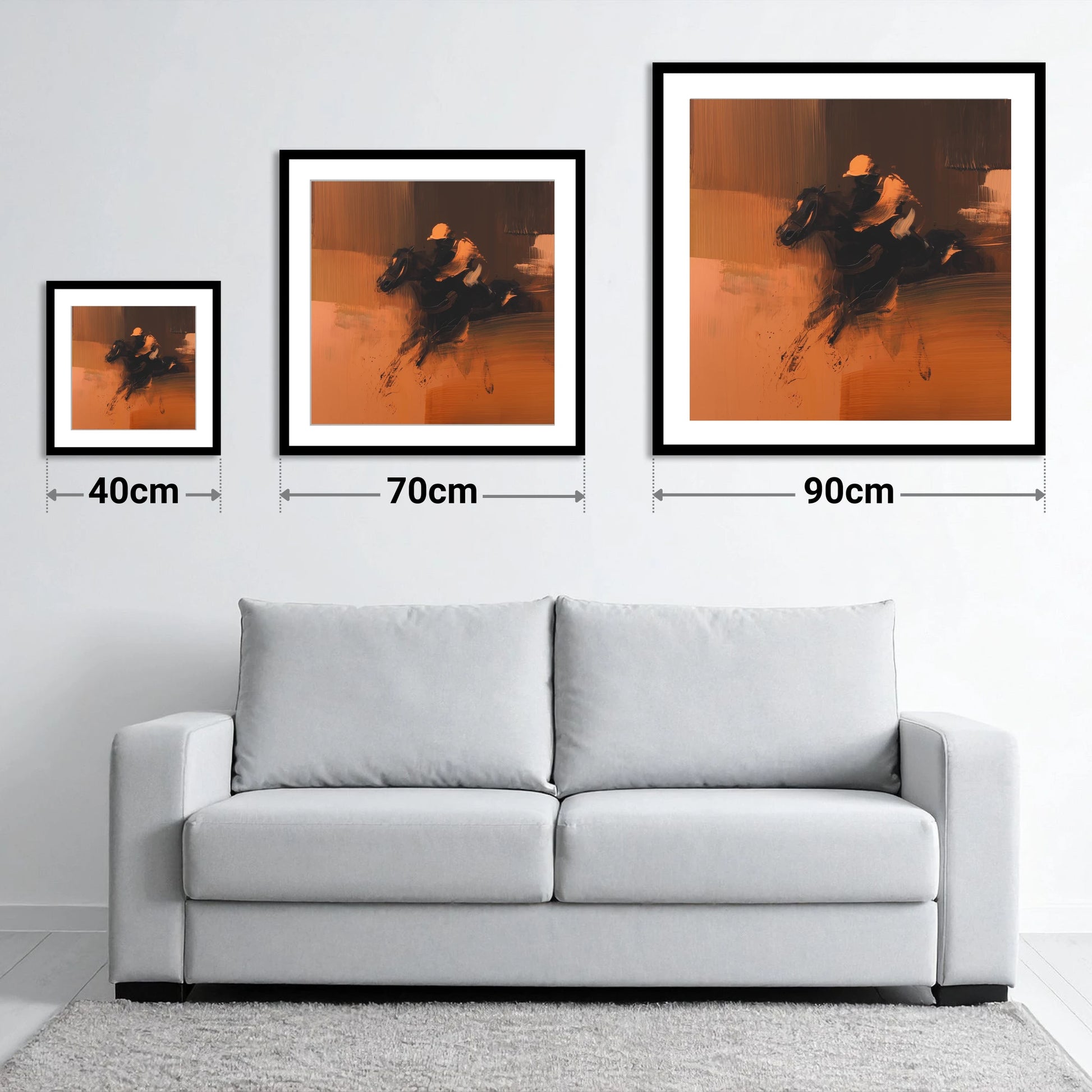 Amber Rush - size guide showing 40cm, 70cm and 90cm art prints