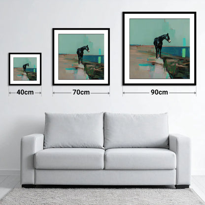 Silent Teal Horizon - size guide showing 40cm, 70cm and 90cm art prints